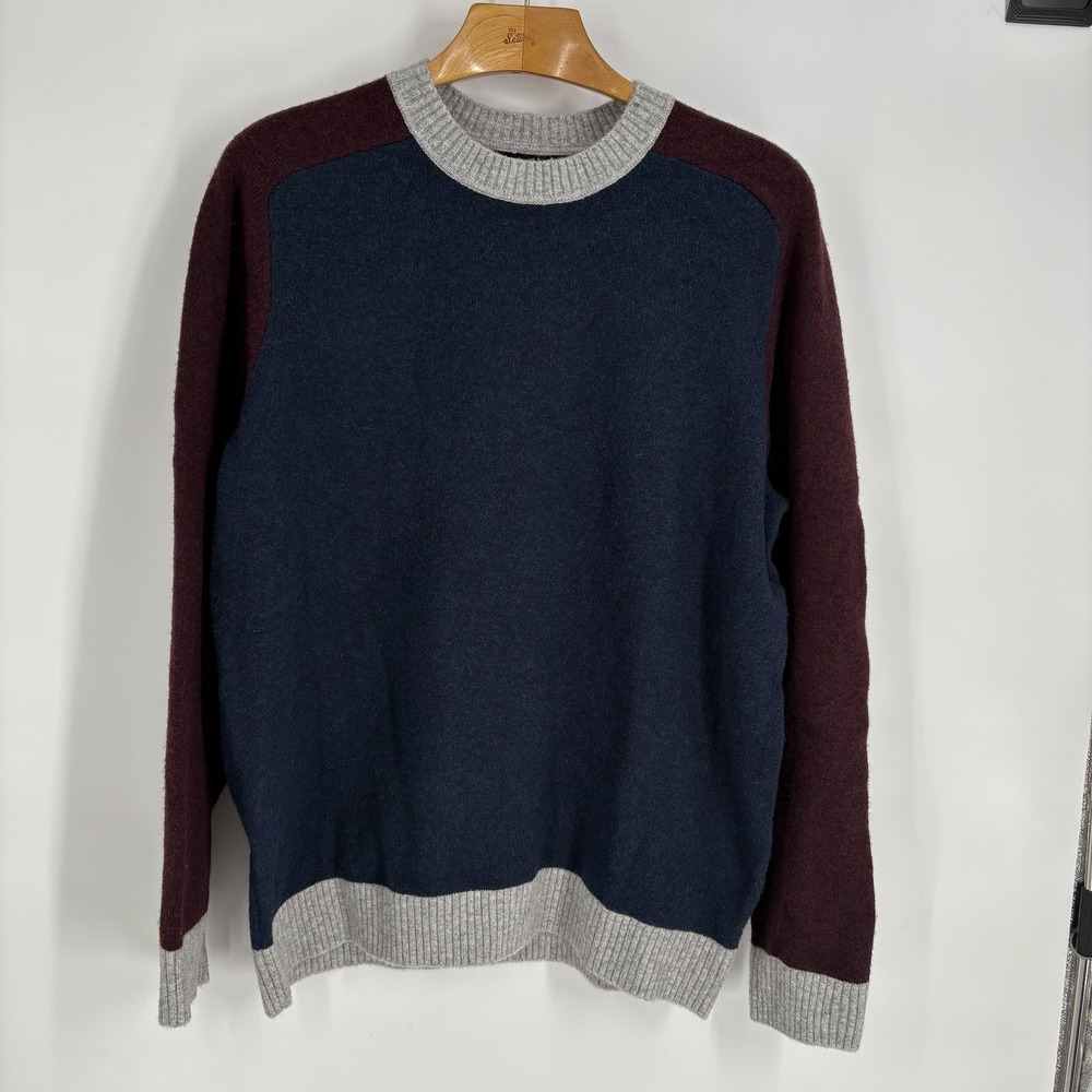 GAP Sweater Mens XL Navy Blue Burgundy‎ Gray Recycled Wool Blend Crew Pullover